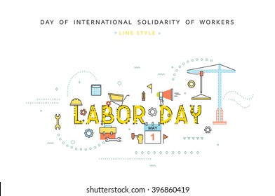 Labor day design  business concept in line flat style. International solidarity of workers. 1st May. 