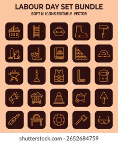 Labor Day design elements featuring diverse utility and construction icons in a modern flat style aesthetic