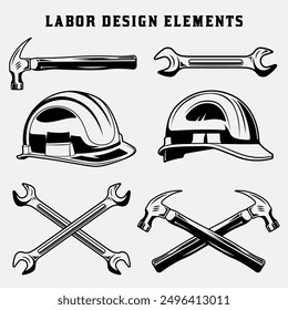 Labor Day design elements of spanner hammer helmet vintage monochrome labor tools