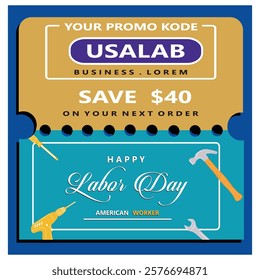 Labor Day design featuring tools, a discount code, and a promotion encouraging festive savings and celebrating American workers. Flat vector modern illustration 