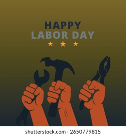 Labor Day Design with Workers’ Fists Holding Tools on Dark Background