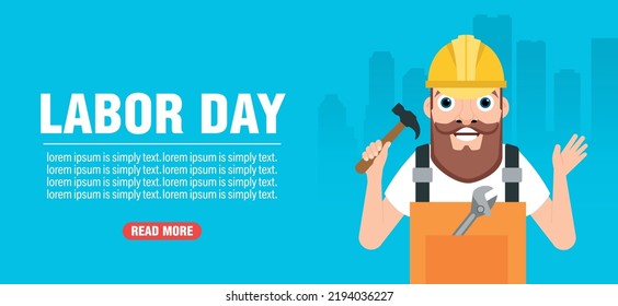 Labor day design flat banner with repairman. Vector illustration
