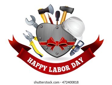 Labor Day design. Iron heart, tools and inscription - Happy Labor Day. Vector illustration