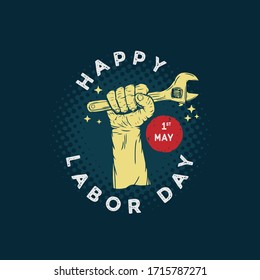 Labor Day design vector square banner with illustration hands holding wrench.