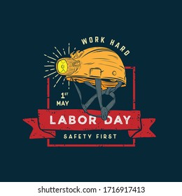 Labor Day design vector square banner with illustration safety helm.