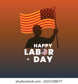 Labor Day Design with Worker Holding American Flag on Gradient