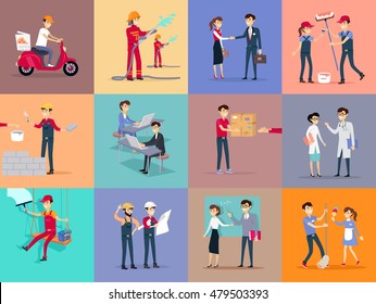 Labor day different professions. Courier deliver pizza on moped. Builder makes brickwork. Teacher teaching knowledge. Doctors treat people. Engineer studying construction project. Vector illustration