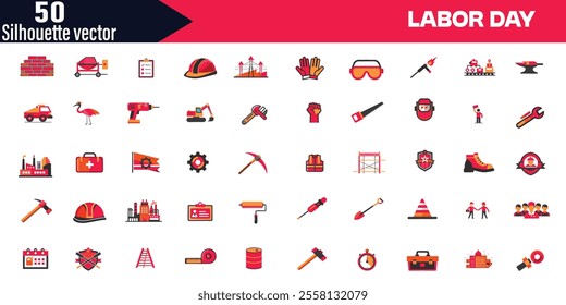 Labor Day, editable stroke outline web Silhouette set.Contains linear outline icons like Helmet, Screwdriver, Worker, Vest, Flag, Crane, Brick, Roller, Gear, Construction, Builder, Factory, Hardhat