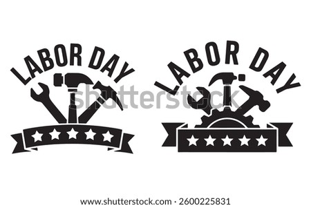  Labor Day emblem featuring a gear, hammer, wrench, and stars, representing hard work, craftsmanship, and appreciation for workers. Perfect for banners, posters, and Labor Day celebrations.