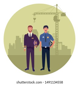 labor day employment national celebration,pilot with police man in front of city construction, cartoon vector illustration graphic design