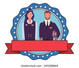 labor day employment occupation national celebration, pilot with stewardess, round icon with ribbon cartoon vector illustration graphic design
