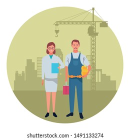 labor day employment occupation national celebration,doctor woman with builder man workers in front city construction view cartoon vector illustration graphic design