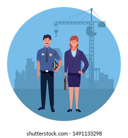 labor day employment occupation national celebration,police man with business woman workers in front city construction view cartoon vector illustration graphic design