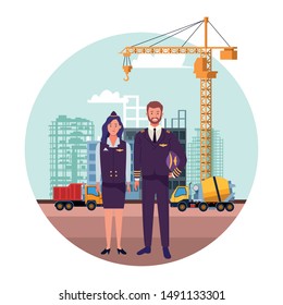 labor day employment occupation national celebration,stewardess with pilot workers in front city construction view cartoon vector illustration graphic design