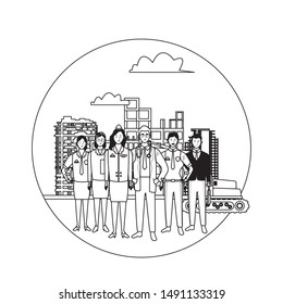 labor day employment occupation national celebration, professionals workers in front city construction view cartoon vector illustration graphic design
