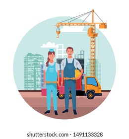 labor day employment occupation national celebration,builders colleagues workers in front city construction view cartoon vector illustration graphic design