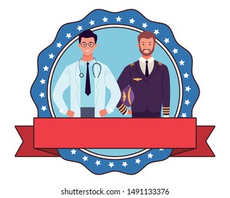 labor day employment occupation national celebration, doctor with pilot round icon with ribbon cartoon vector illustration graphic design