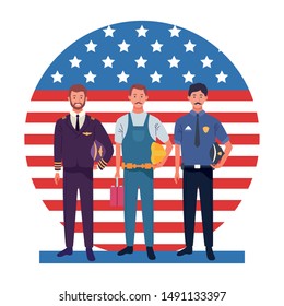labor day employment occupation national celebration professionals workers in front american united states flag cartoon vector illustration graphic design