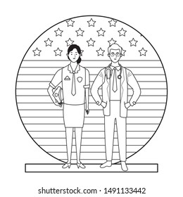 labor day employment occupation national celebration, police woman with doctor workers in front american united states flag cartoon vector illustration graphic design