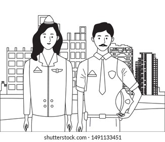 labor day employment occupation national celebration,stewardess with police man workers in front city construction view cartoon vector illustration graphic design