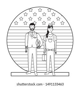 labor day employment occupation national celebration, pilot with builder woman workers in front american united states flag cartoon vector illustration graphic design