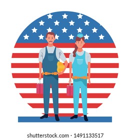 labor day employment occupation national celebration, builders workers in front american united states flag cartoon vector illustration graphic design