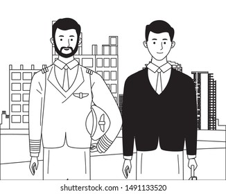 labor day employment occupation national celebration,pilot with executive business man workers in front city construction view cartoon vector illustration graphic design