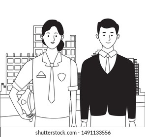 labor day employment occupation national celebration,police woman with executive business man workers in front city construction view cartoon vector illustration graphic design