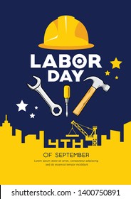 Labor day Engineer cap with wrench, hammer vector and building construction yellow and navy blue background. illustration