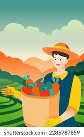 Labor day farmer harvesting fruits with terraced fields and houses in the background, vector illustration