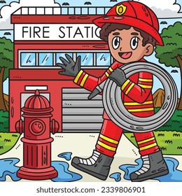 Labor Day Fireman with a Hose Colored Cartoon