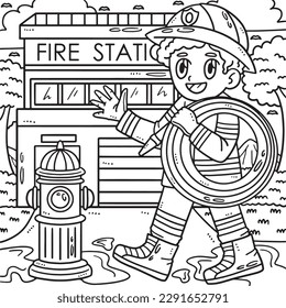 Labor Day Fireman with Hose Coloring Page for Kids