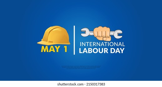 Labor Day flat Banner template. International Workers' Day celebration with Yellow safety hard hat and construction tools, Hand hold a wrench