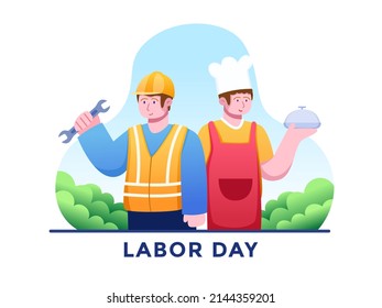 Labor Day Flat Illustration  with Construction Worker and Bakers. Labor worker Celebrate Labor Day. People with diverse profession. Can be used for greeting card, postcard, banner, poster, etc.
