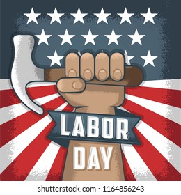 Labor day, Flayer and banner. Hand holding a tool. Worker with a Hammer 