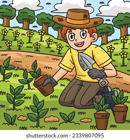 Labor Day Gardener Planting Seedlings Colored 