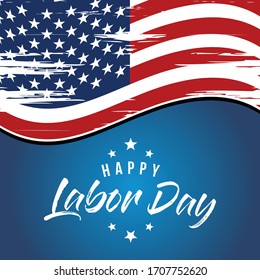 Labor Day greeting card with brush stroke background in United States national flag colors and hand lettering text Happy Labor Day. Vector illustration.