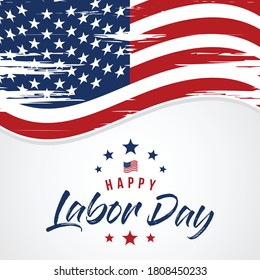 Labor Day greeting card with brush stroke background in United States national flag colors and hand lettering text Happy Labor Day. Vector illustration.