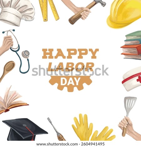 Labor Day greeting card with profession elements, including chef hat, stethoscope, construction helmet, and books for a teacher