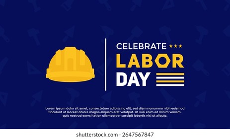 Labor Day greeting horizontal background with construction helmet on blue background. USA Labor Day background template with tools pattern on blue