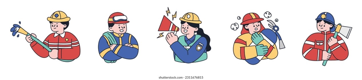 Labor Day. Group of character in a uniform. fireman, firefighter. Cartoon style vector with outline illustration.
