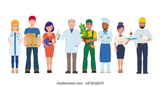 Labor Day. Group of people of different professions. Character design of gardener, scientist, architect, waitress, cook and etc. Vector illustration on white background