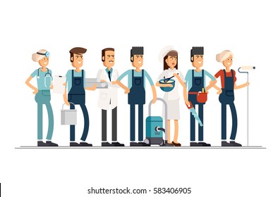 Dia do Trabalho. Um grupo de pessoas de diferentes profissões sobre um fundo branco. Ilustração vetorial em estilo plano