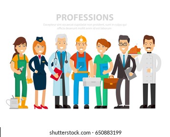 Labor Day. A group of people of different professions on a white background. Vector illustration in a flat style. Doctor, nurse, businessman, flight attendant, cook, builder, gardener happy workers