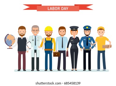 Labor Day. A group of people of different professions on a white background. Teacher, doctor, Builder, businessman, pilot, cop, courier. Vector illustration in a flat style