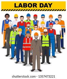 Labor day. Group of worker, builder and engineer standing together on white background in flat style. Working team and teamwork concept. Different nationalities. Flat design people characters.