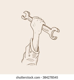 Labor Day, a hand drawn vector illustration of a raising hand in the air holding a wrench, isolated on a simple background (editable).