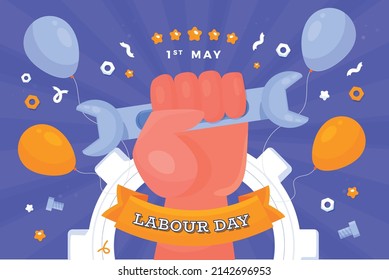 Labor Day hand holding screwdriver, worker celebration with balloons