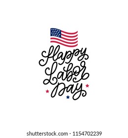 Labor Day, hand lettering. National american holiday illustration with drawn USA flag in engraved style. Vector greeting or invitation card, festive poster or banner. 