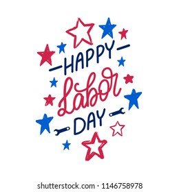 Labor Day, hand lettering on stars background. Vector illustration of USA holiday for greeting or invitation card, festive poster or banner. 